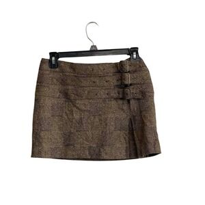Y2K Vtg Express Micro Mini Skirt Sz XS Wool Silk Buckles Tweed Preppy